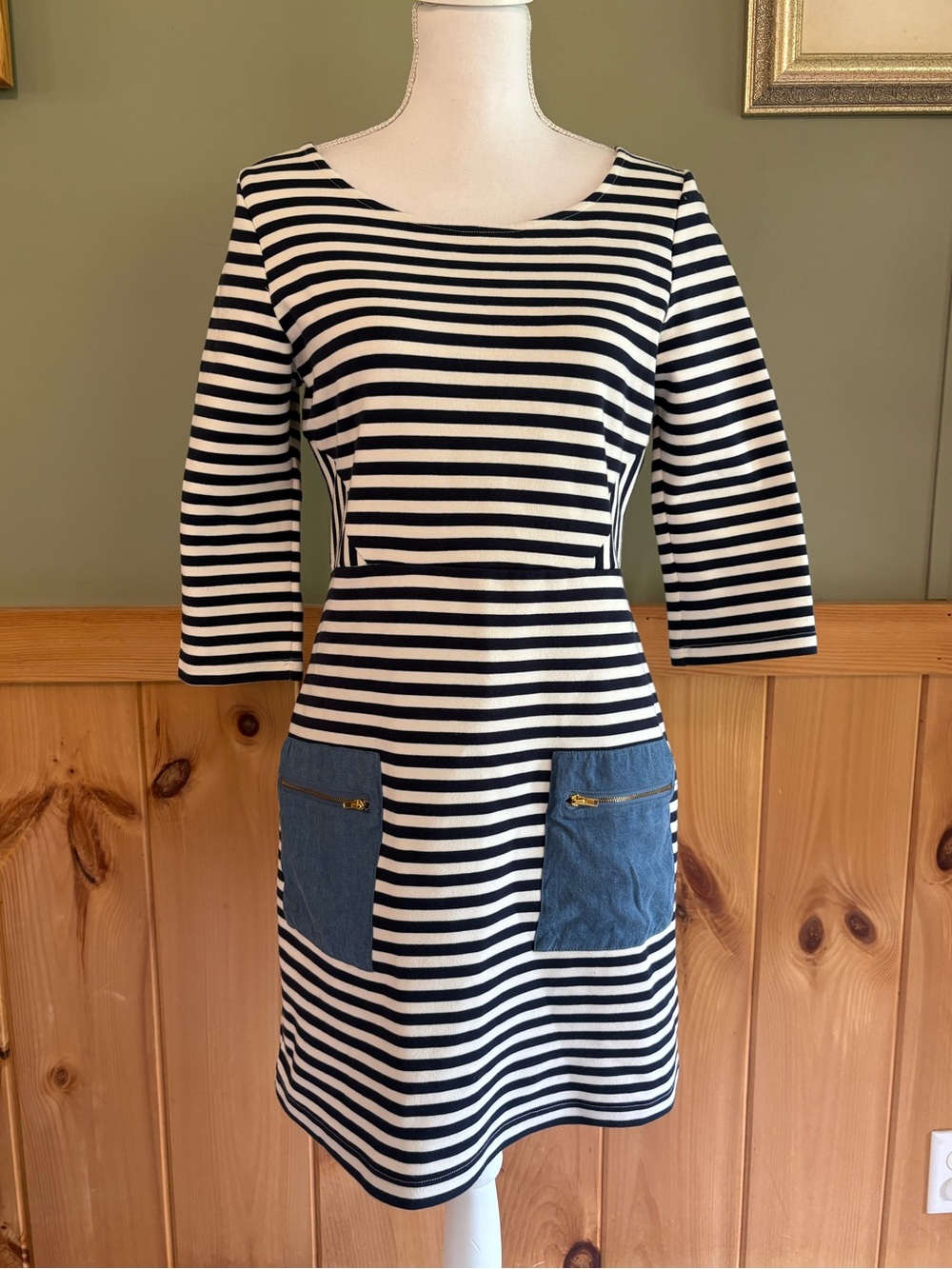 Tabitha Black and White Striped Midi Dress with Denim Patch Pockets